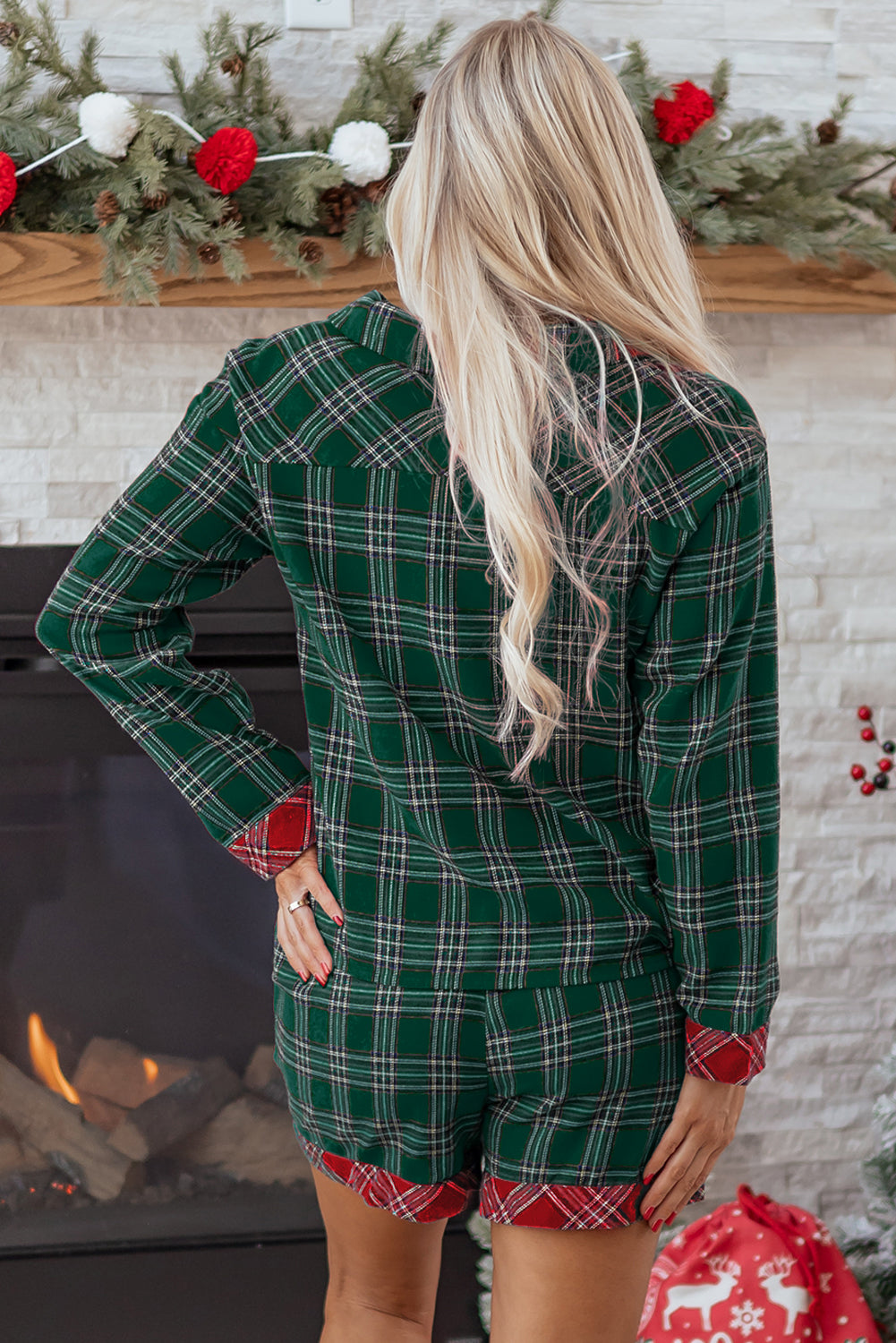 Plaid Contrast Patched Christmas Holiday Long Sleeve Shirt and Short 2pcs Pajama Set