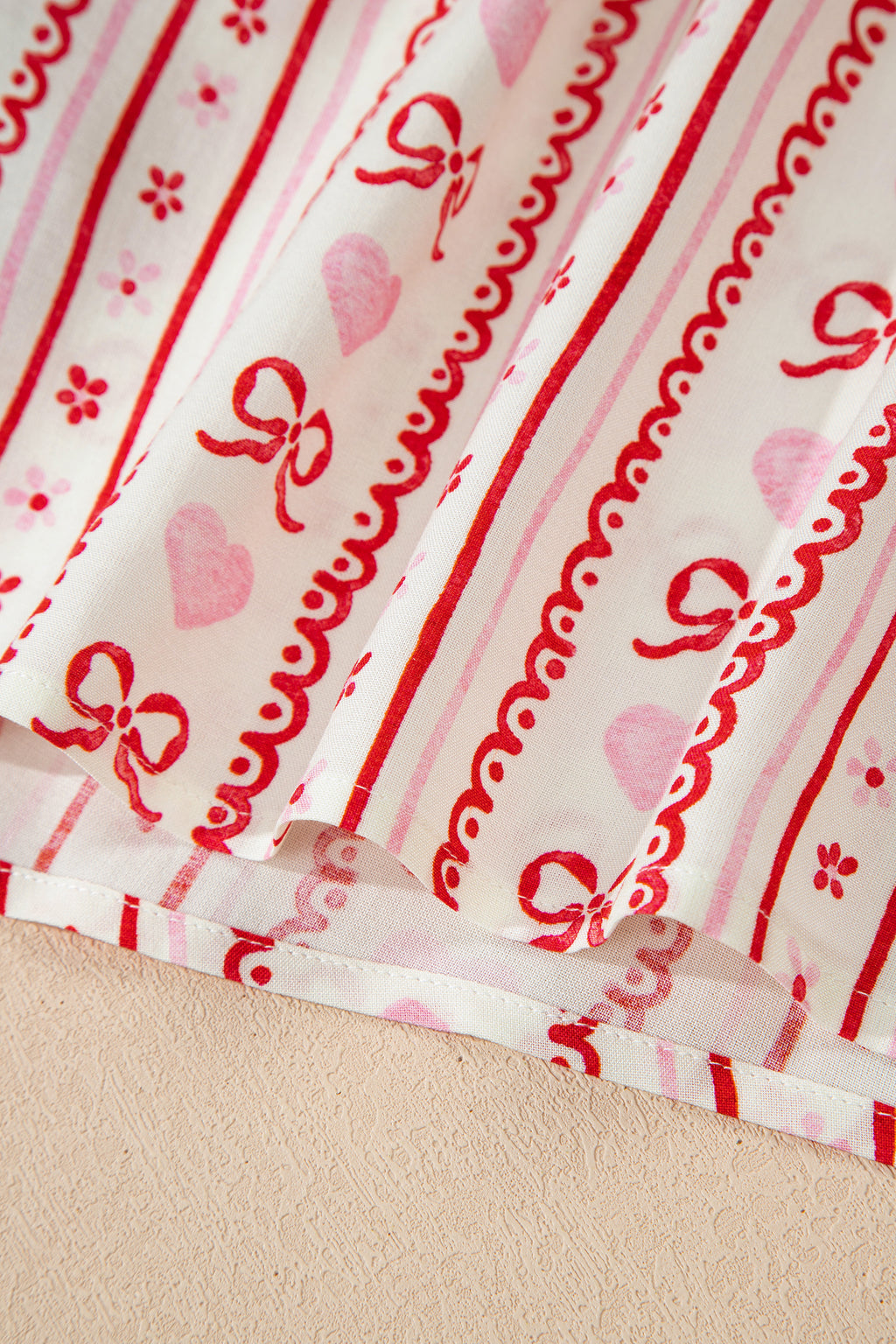 Red Sweet Floral Heart Bow Print Contrast Trim Long Sleeve Shirt Pyjama Short Set