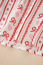 Red Sweet Floral Heart Bow Print Contrast Trim Long Sleeve Shirt Pyjama Short Set