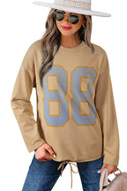 Khaki 88 Number Graphic Drawstring Hemline Oversize Long Sleeve Top