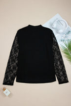 Black Plus Size Lace Patchwork Asymmetric Cutout Sheer Long Sleeve Top