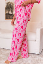 Pink Bow Knot Print Lapel Collar Short Sleeve and Pants Pyjamas Set