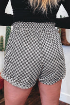 Grey Checkerboard Print Drawstring Elastic Waist Pocketed Shorts