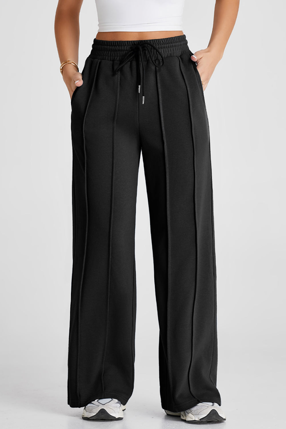 Seamed Drawstring High Waist Wide Leg Sweatpants