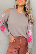 Beige Embroidered Floral Sleeve Round Neck Loose Sweater