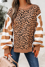 Purple Stripe Color Block Patchwork Leopard Casual Sweatshirt with Slits