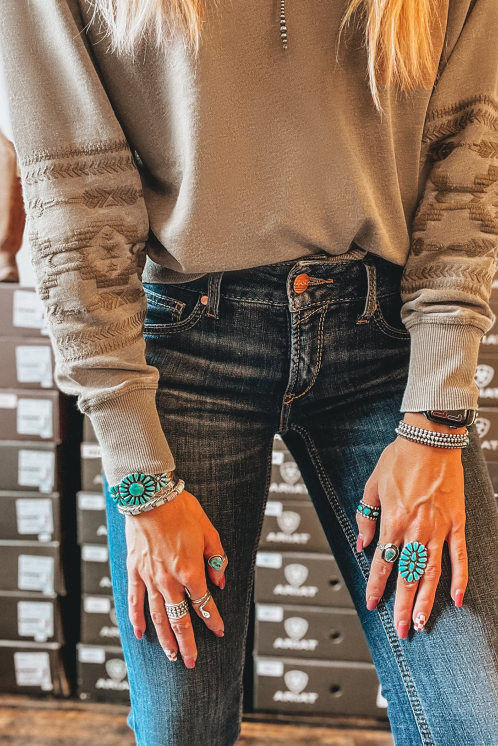 Parchment Aztec Embroidered Western V Neck Sweatshirt