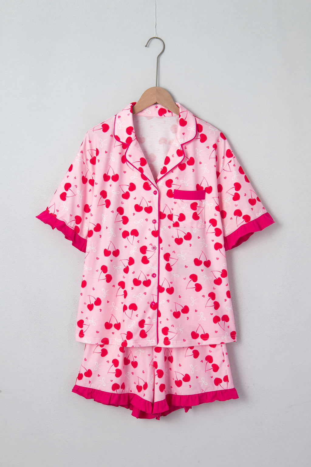 Rose Cherry Bow Mixed Print Scalloped Edge Short Pyjama Set