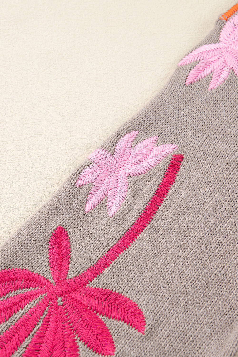 Beige Embroidered Floral Sleeve Round Neck Loose Sweater