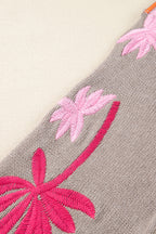 Beige Embroidered Floral Sleeve Round Neck Loose Sweater