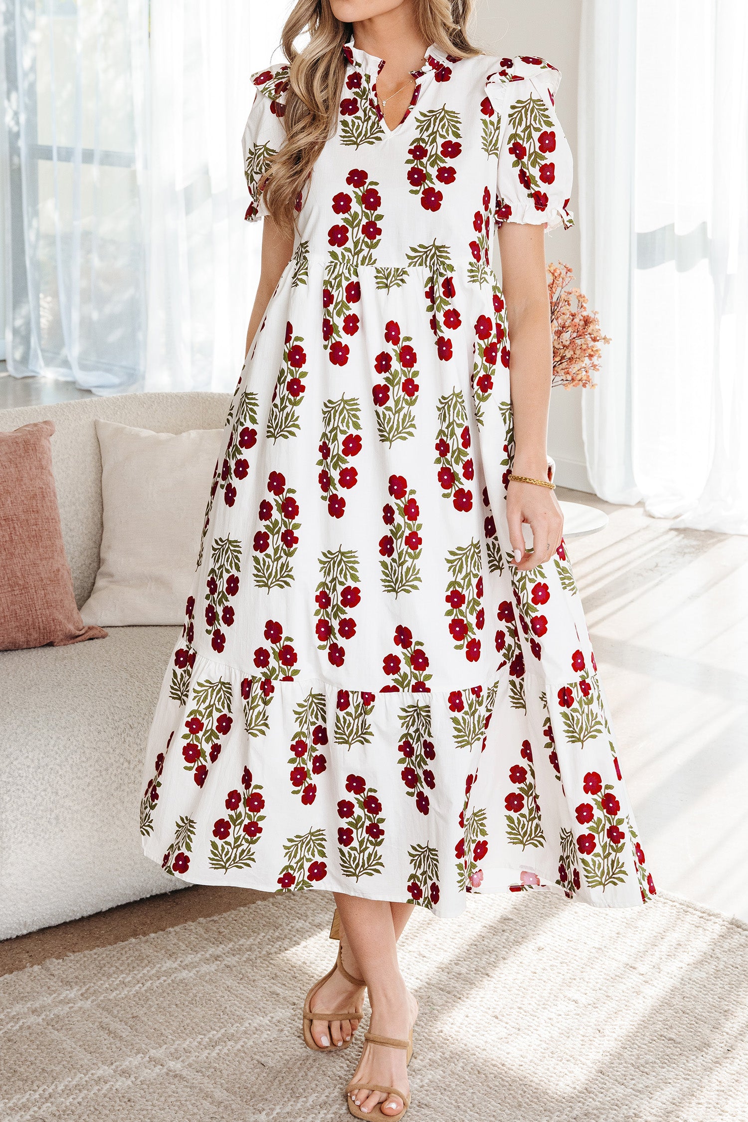 Floral Short Bubble Sleeve Tiered Maxi Dress
