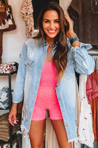 Sky Blue Light Wash Distressed Frayed Long Denim Jacket