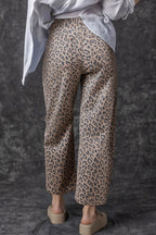 Khaki Leopard Printed Drawstring Elastic Waistband Pocketed Wide Leg Jeans