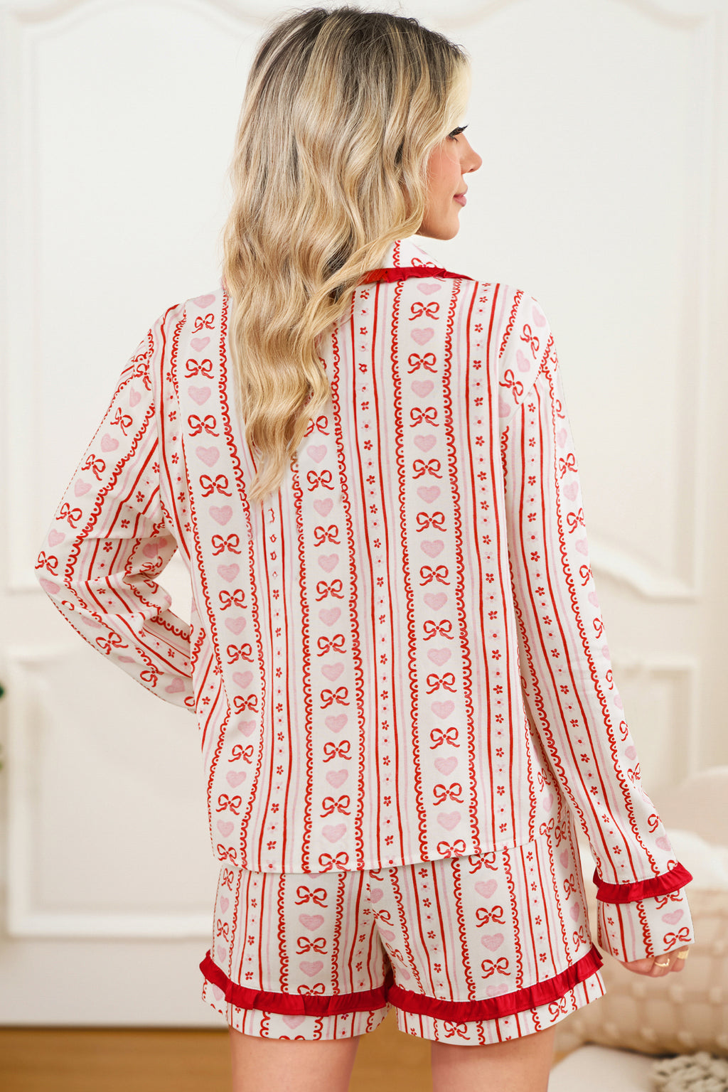 Red Sweet Floral Heart Bow Print Contrast Trim Long Sleeve Shirt Pyjama Short Set