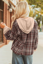 Plaid Patchwork Long Sleeve Button Hooded Blouse