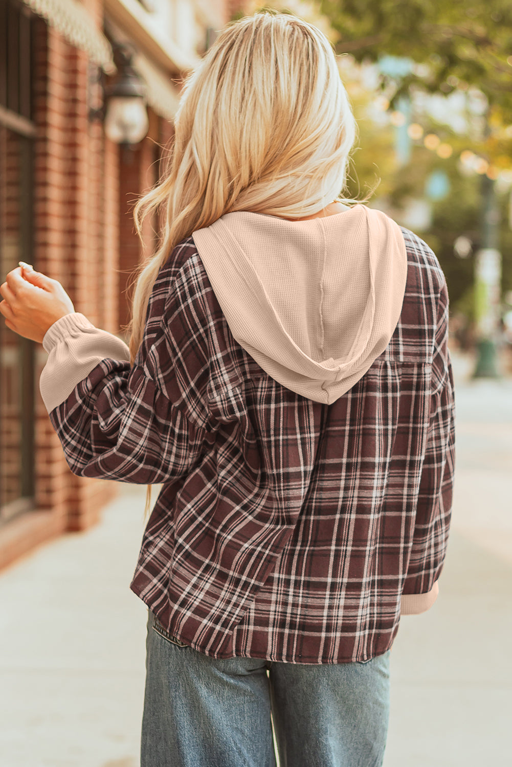 Plaid Patchwork Long Sleeve Button Hooded Blouse