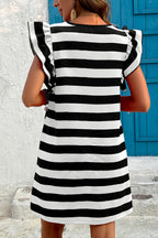 Red Stripe Flutter Sleeve Round Neck Shift Dress