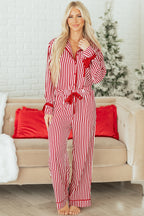 Striped Contrast Velvet Trim Bow Knot Waist 2pcs Pyjama Set
