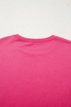 Strawberry Pink Floral Hemline Patchwork Round Neck Casual Top