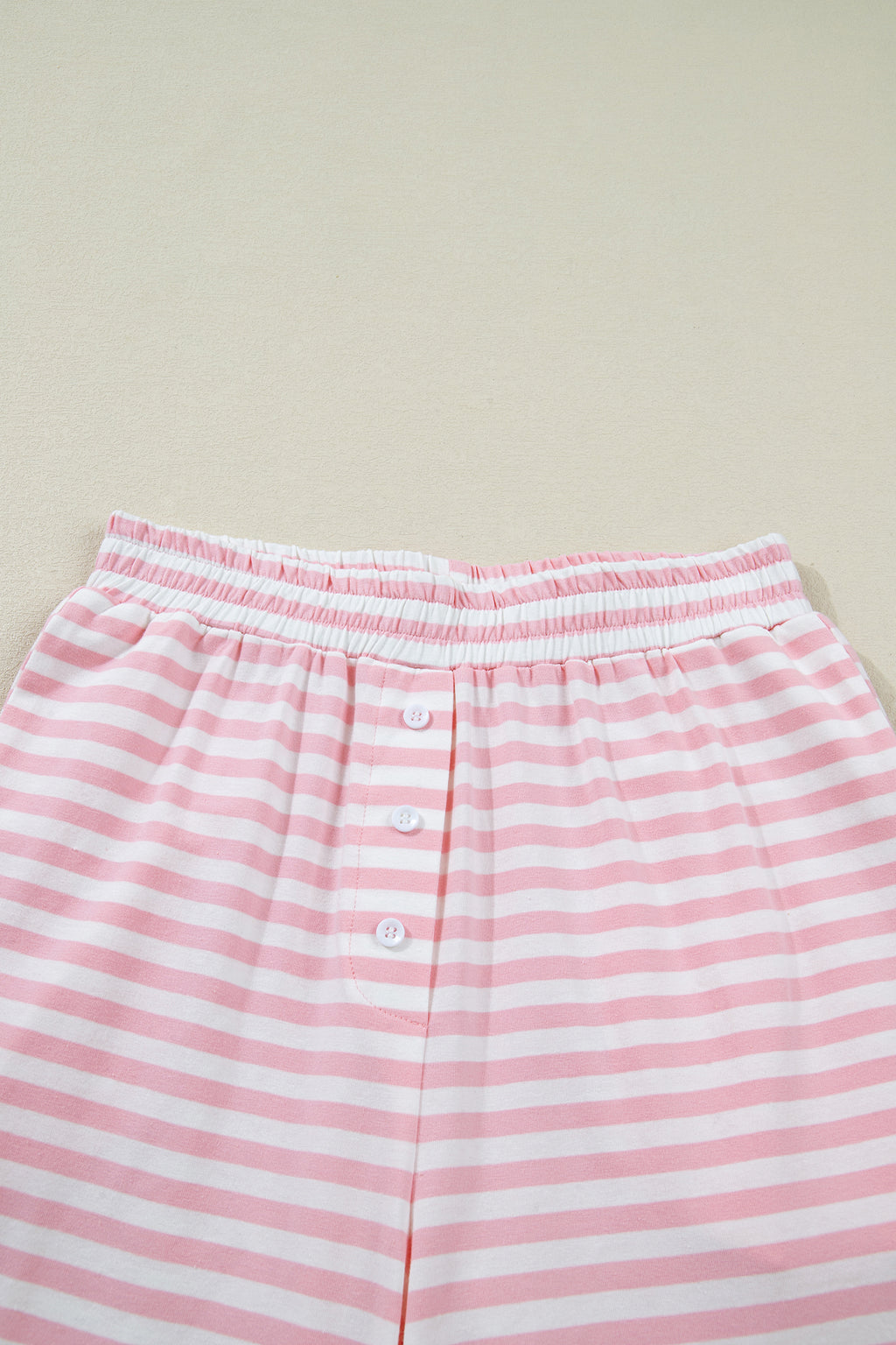 Pink Stripe Drop Shoulder Round Neck Top and Buttoned Straight Pants Two Piece Set