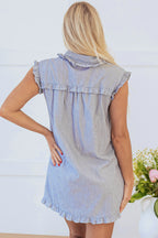 Green Stripe Frilled Sleeveless Collar Front Pocket Button Up Mini Dress