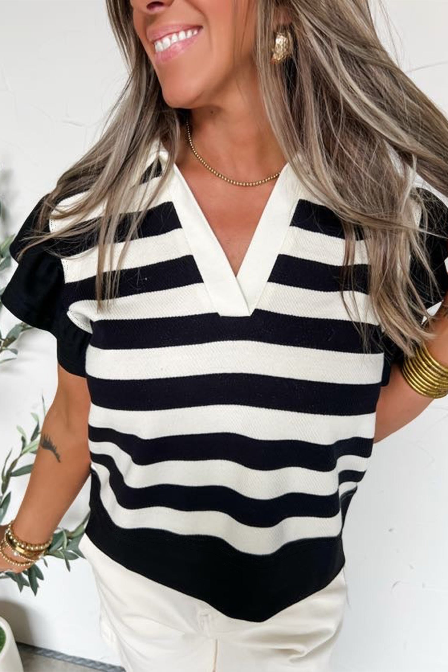 Striped Collar V Neck Ruffled Short Sleeve Blouse