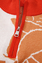 Khaki Floral Half Zip Collared Pullover Sweater