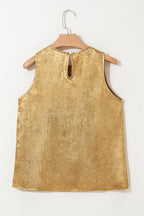 Gold Metal Textured Round Neck Casual Tank Top