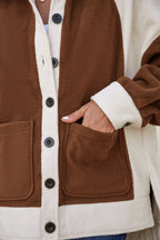 Brown Color Block Patchwork Button Down Fleece Shacket
