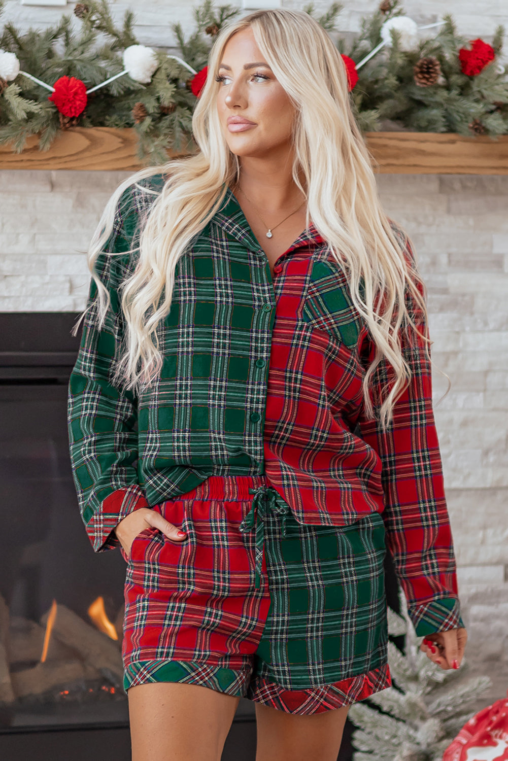 Plaid Contrast Patched Christmas Holiday Long Sleeve Shirt and Short 2pcs Pajama Set