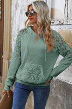 Smoke Green Lace Patchwork Raglan Sleeve Kangaroo Pocket Waffle Hoodie