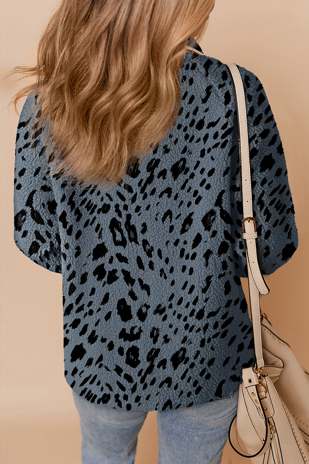 Blue Cow Print Buttoned Stand Collar Fleece Jacket