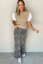 Light French Beige Round Neck Knit Contrast Short Sleeve Patchwork Sweater Top