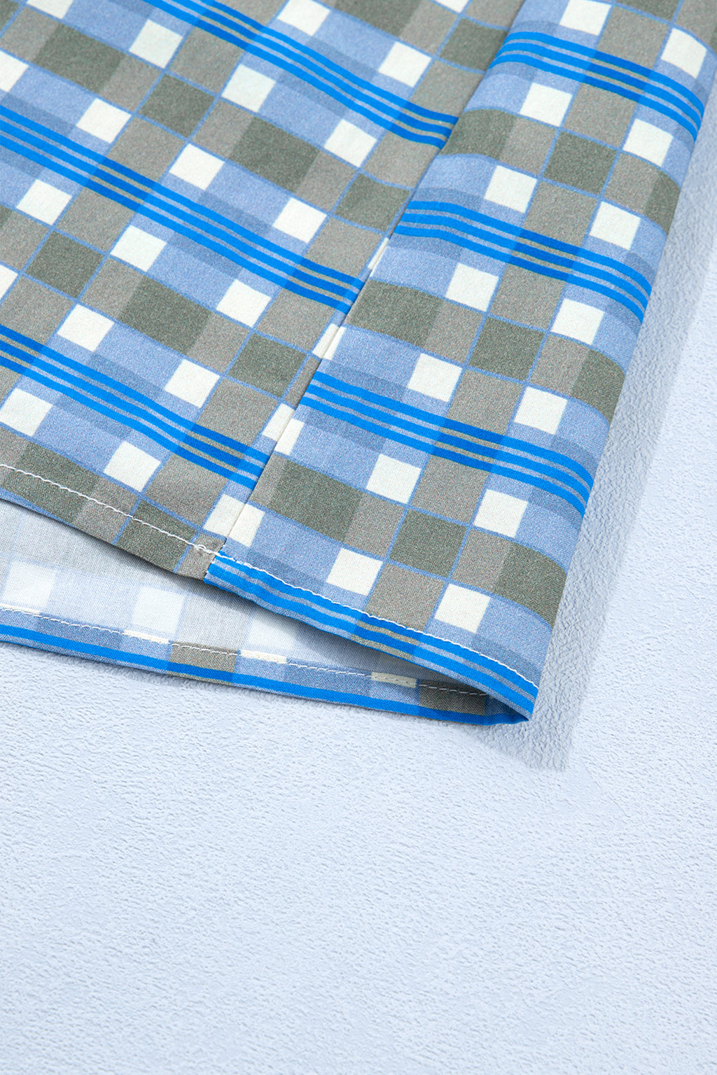 Sky Blue Plaid Long Sleeve Frilled Detail Half Button Blouse