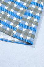 Sky Blue Plaid Long Sleeve Frilled Detail Half Button Blouse