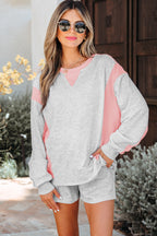 Light Grey Color Block Raw Hem Pullover and Casual Shorts Set