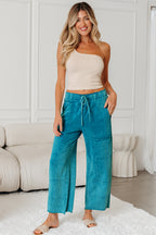 Mineral Wash Lace-up High Waist Raw Hem Patched Pocket Pants