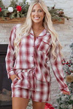 Red Retro Plaid Long Sleeve Shirt Drawstring Shorts 2pcs Lounge Set