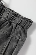 Mineral Wash Lace-up High Waist Raw Hem Patched Pocket Pants
