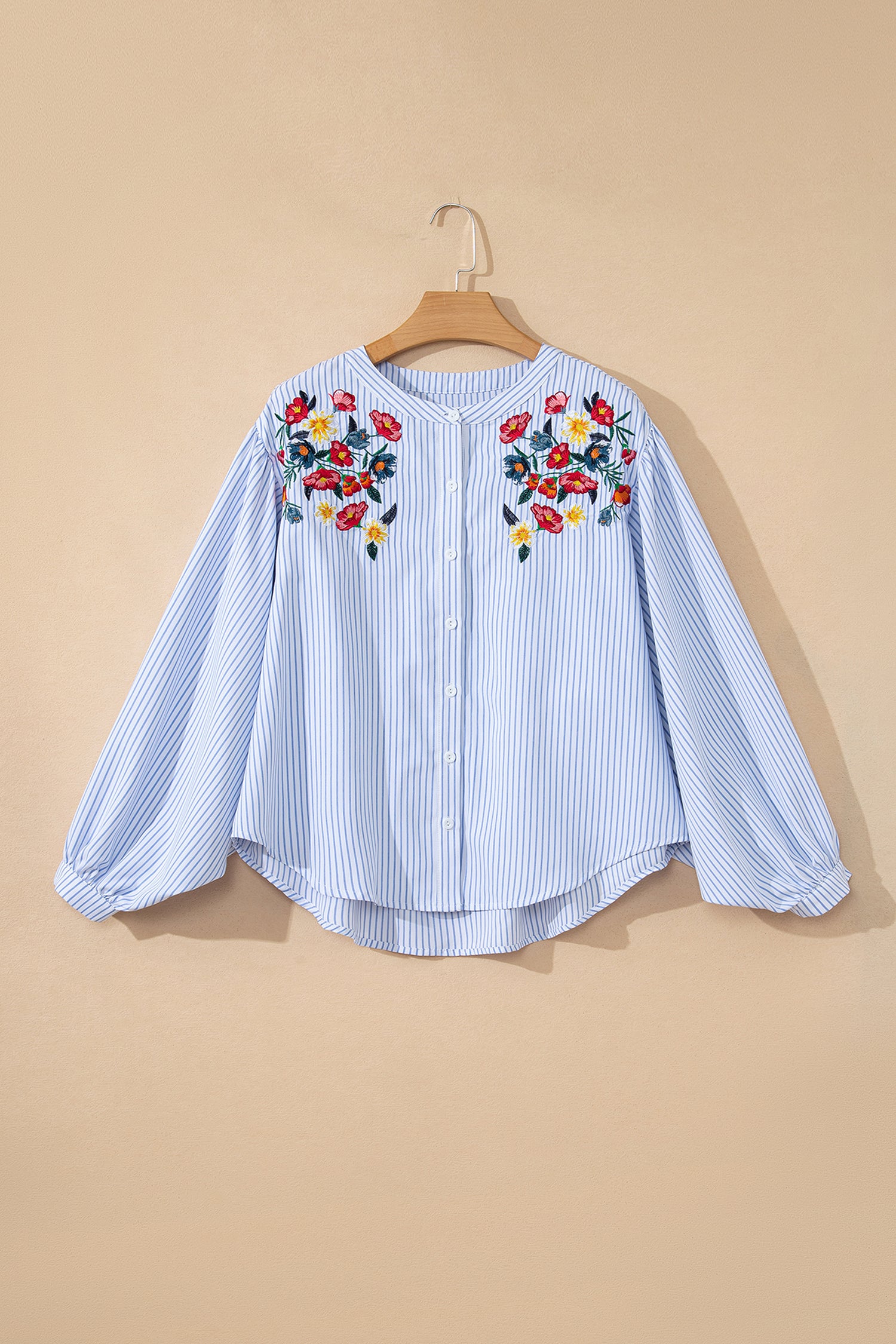 Sky Blue Stripe Floral Embroidered Billowy Sleeve Tunic Baggy Shirt