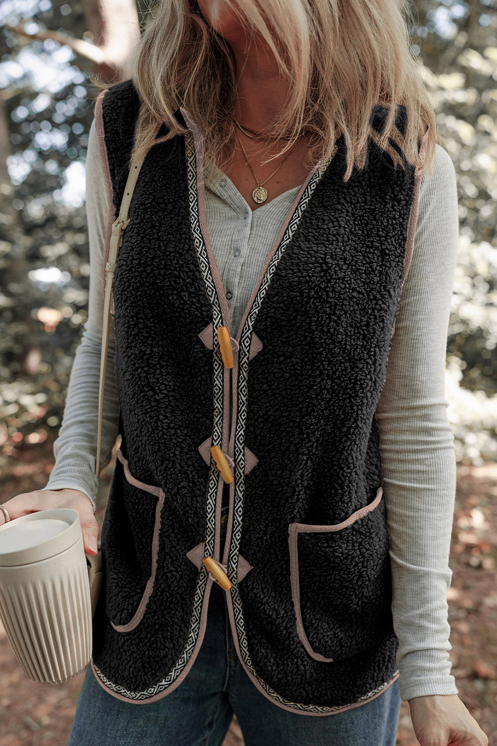 White Sherpa Contrast Trim Patch Pocket Cartridge Toggle Button Vest