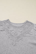 Gray Hollowed Lace Ribbed Knit Long Sleeve Patchwork Top