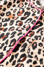 Light French Beige Leopard Print Contrast Trim Long Sleeve Shirt Drawstring Ruffle Hem Short Set