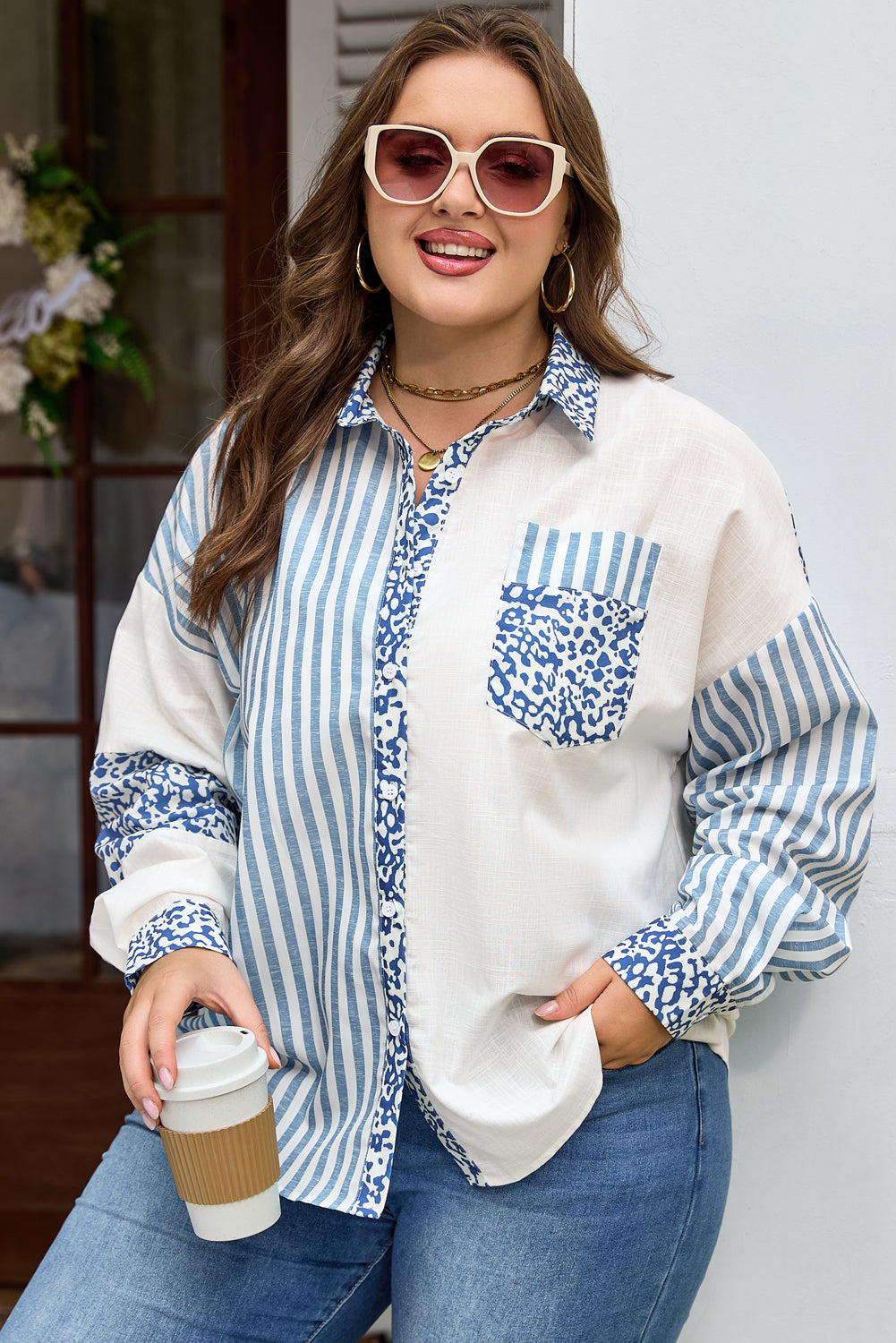 Sky Blue Leopard Striped Patchwork Casual Plus Size Shirt