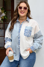 Sky Blue Leopard Striped Patchwork Casual Plus Size Shirt