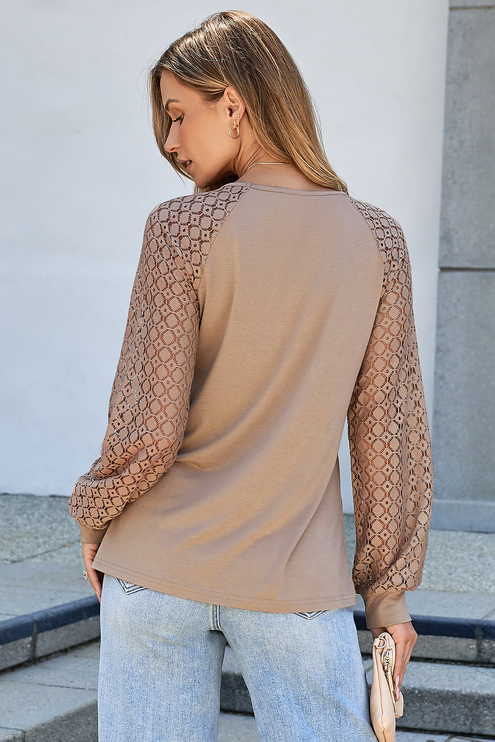 Lace Patchwork Long Raglan Sleeve Pleated Top