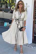 White Polka Dot Printed Contrast Scalloped Trim Shirt Collar Button Down Belted Midi Dress