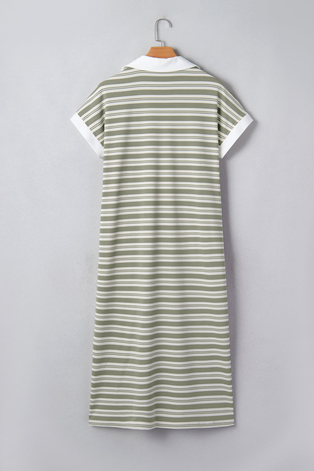 Green Stripe Collared V Neck Short Sleeve T Shirt Midi Dress with Pockets