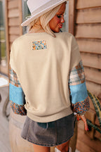 Plaid Colorblock Patchwork Sleeve Raw Seam Sweatshirt