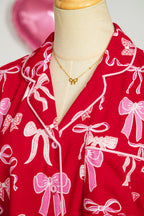 Red Sweet Bow Print Shirt Style Top Long 2pcs Pyjama Set